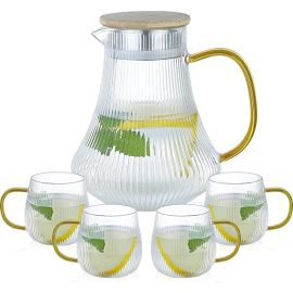 Neoflam Borosilicate 5Pcs Beverage Set Tea Set Heat Resistant Glass Tea Pot, Kettle, Coffee Mugs, Cups For Tea.